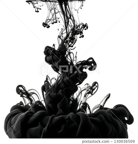 Black ink swirling in white water, abstract fluid motion. 130036509