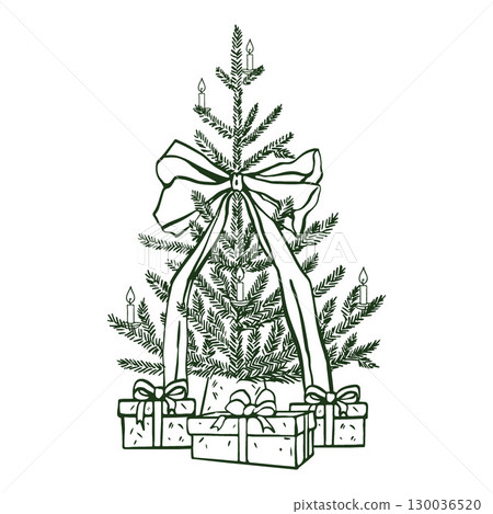 Christmas tree with bow and gifts, vector illustration. Vintage illustration. Retro style Christmas tree. Green composition isolated on white background. Christmas tree with bow and gifts, vector illustration. Vintage illustration. Retro style Christmas tree. Green composition isolated on white background. 130036520