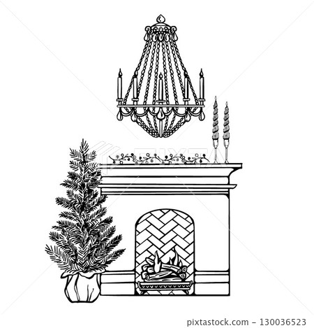 Christmas vector retro illustration with fireplace, fir tree, candles and chandelier. Monochrome black and white composition isolated on white background. Vector outline illustration for postcards 130036523