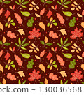 Autumn leaves vector seamless pattern. Fall leaf background. Flat and doodle seasonal elements. Colorful hand drawn botanical pattern. Yellow, green and red colors on brown 130036568