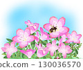 拼貼剪紙插圖：一隻大黃蜂從杜鵑花中採集花蜜（帶背景） 130036570