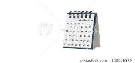 Desktop calendar for October 2026 in white colour. Mini planner for business and finance, spiral view on isolated white background Desktop calendar for October 2026 in white colour. Mini planner for business and finance, spiral view on isolated white background 130036579