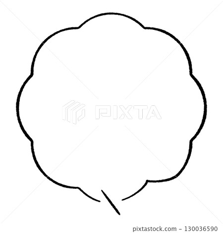 Simple speech bubble with a hand-drawn line drawing style. Perfect circle, fluffy tail, straight line, center, facing right. Monochrome. 130036590