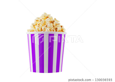 Delicious popcorn, classic box, classic paper cup with Purple, violet stripe, isolated on white background 130036593