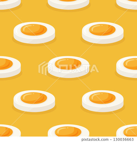 Vector Fried Eggs Seamless Pattern. Flat Cartoon Fried Eggs on Yellow Background. Breakfast Food Texture. Sunny Side Up Seamless Pattern 130036663