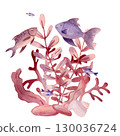 Watercolor composition shadow of pink fantasy branches of seaweed and different dish fish  130036724