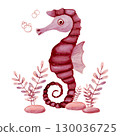 Watercolor composition shadow of pink fantasy branches of seaweed and burgundy seahorse  130036725
