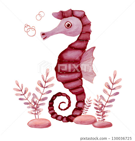 Watercolor composition shadow of pink fantasy branches of seaweed and burgundy seahorse Watercolor composition shadow of pink fantasy branches of seaweed and burgundy seahorse 130036725