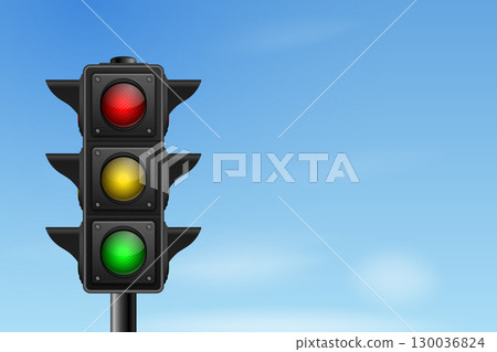 Vector 3d Traffic Light with Red Yellow Green Signals. Urban Traffic Light on Pole. Realistic Traffic Light for Road Safety, City Transportation Rules and Driving Education Concept Vector 3d Traffic Light with Red Yellow Green Signals. Urban Traffic Light on Pole. Realistic Traffic Light for Road Safety, City Transportation Rules and Driving Education Concept 130036824