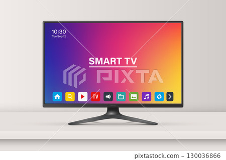 Vector 3d Realistic Smart TV, Isolated. Modern Smart TV. Realistic Smart TV for Technology Mockup. Stylish Television and Remote for App and Branding. Vector Illustration Vector 3d Realistic Smart TV, Isolated. Modern Smart TV. Realistic Smart TV for Technology Mockup. Stylish Television and Remote for App and Branding. Vector Illustration 130036866