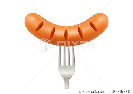 Vector 3d Realistic Grilled Sausage on Fork, Isolated. Cooked Sausage with Grill Cuts for BBQ Menu, Picnic Food, Meat Product Design, Restaurant Icon, Butcher Branding, Culinary Concept, Packaging 130036878