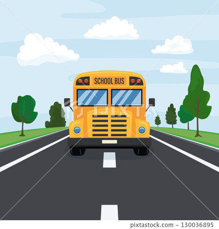 Vector Cartoon Yellow School Bus Driving on Road with Trees. Cute Flat Vector School Bus for Kids. School Bus Illustration for Education, Student Transport and Back to School Season Design 130036895