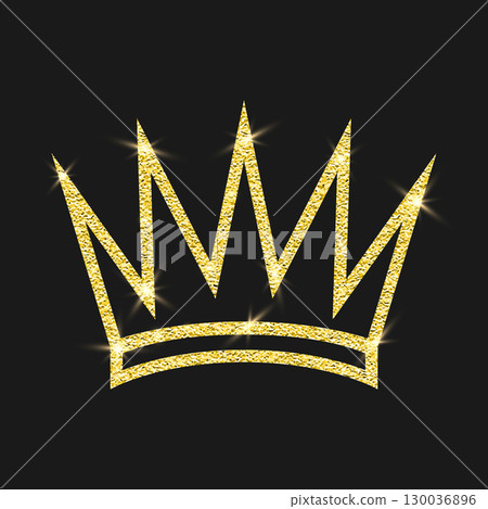 Vector Yellow Golden Glitter Crown Icon on Black Background. Queen Crown. King Glowing Crown, Royal Luxury Logo Design Element. Gold Sparkle Crown Clipart for Invitation, Greeting Card 130036896
