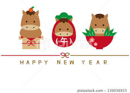 2026 新年賀卡 新年快樂 水引 橫 三個吉祥物 馬 130036915