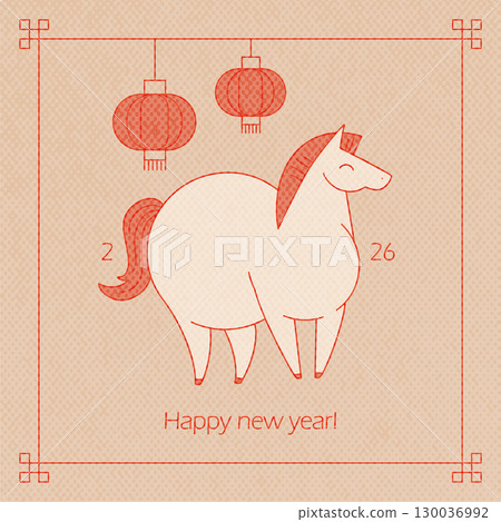 Happy new year postcard template. 2026 Year of horse. Symbol of Chinese New Year with cute animal with lanterns in square minimal vintage banner, poster, card template. Vector contour Illustration Happy new year postcard template. 2026 Year of horse. Symbol of Chinese New Year with cute animal with lanterns in square minimal vintage banner, poster, card template. Vector contour Illustration 130036992