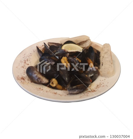 Steamed mussels with lemon and bread on white plate 130037004