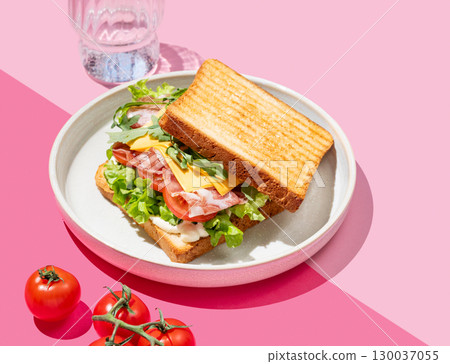 Club sandwich of toast bread with bacon, cheese, tomatoes, lettuce, arugula and sauce in a plate 130037055