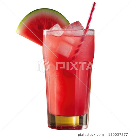 Refreshing summer watermelon lemonade in a tall glass with ice cubes, realistically photographed and isolated on a clean white background. Perfect summer beverage 130037277
