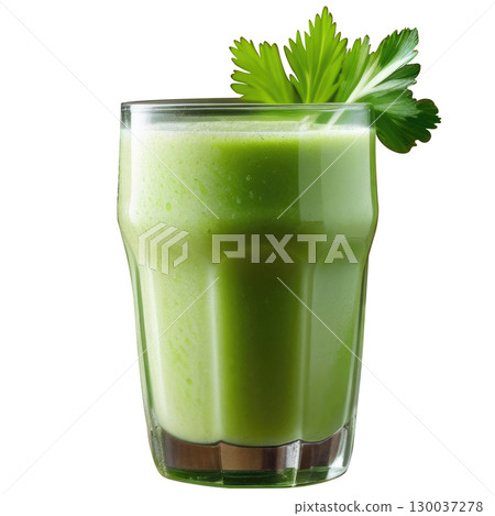 Vibrant green smoothie in a glass bowl topped with fresh parsley leaves, realistic photo isolated on a clean white background. Healthy and refreshing concept 130037278