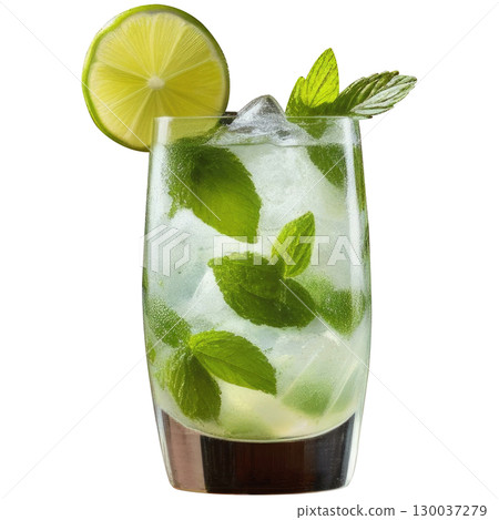 Refreshing mojito cocktail in a highball glass with crushed ice, fresh lime wedges and mint leaves, professionally photographed and isolated on a clean white background 130037279
