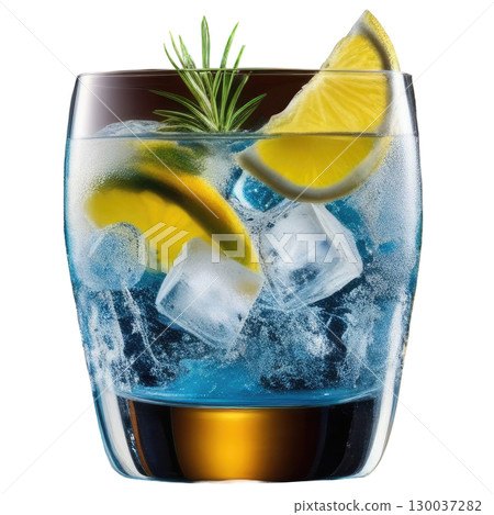 Crisp gin and tonic cocktail in a highball glass with ice cubes and a fresh lemon slice, professionally photographed and isolated on a clean white background 130037282