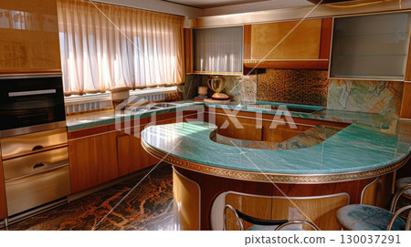Art Deco-inspired kitchen featuring exotic marble surfaces, streamlined cabinetry, and metallic finishes. Elegant space for gourmet cooking and entertainment 130037291