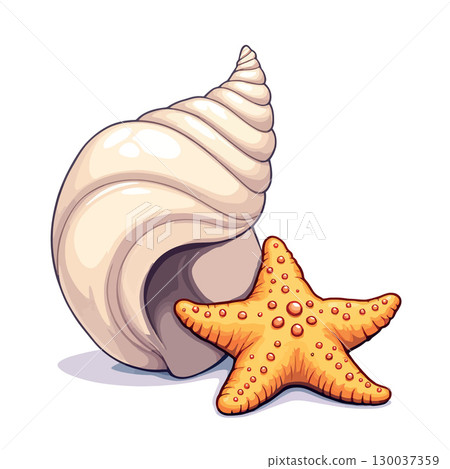 Vsai large seashell resting near vibrant starfish on white background Vsai large seashell resting near vibrant starfish on white background 130037359