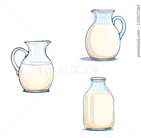 Vsai milk pouring into glass jugs and bottle, refreshing dairy delight 130037362
