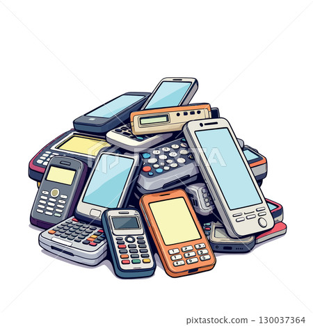 Vsai pile of old mobile phones and smartphones showing technological obsolescence 130037364