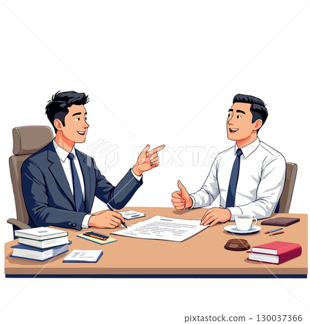 Businessmen discussing contract terms and conditions at desk Businessmen discussing contract terms and conditions at desk 130037366