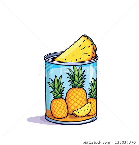 Vsai open tin can of pineapple slices emerging on white background Vsai open tin can of pineapple slices emerging on white background 130037370