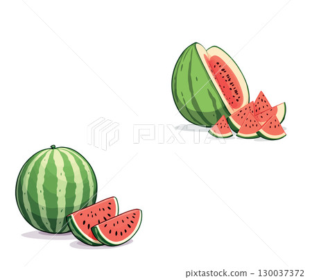 Sliced and whole watermelon showing red flesh and black seeds Sliced and whole watermelon showing red flesh and black seeds 130037372