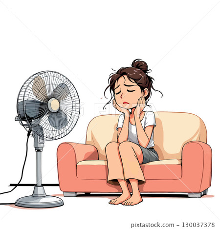 Young woman suffering from summer heat using a fan at home 130037378