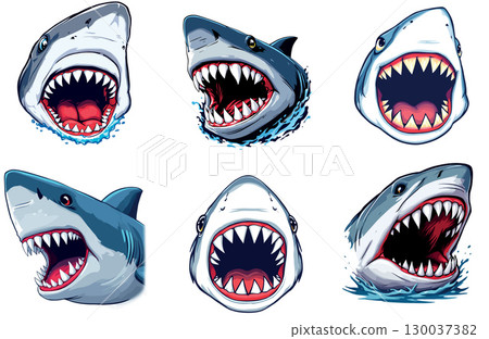 Vsai six angry sharks opening their jaws showing sharp teeth 130037382