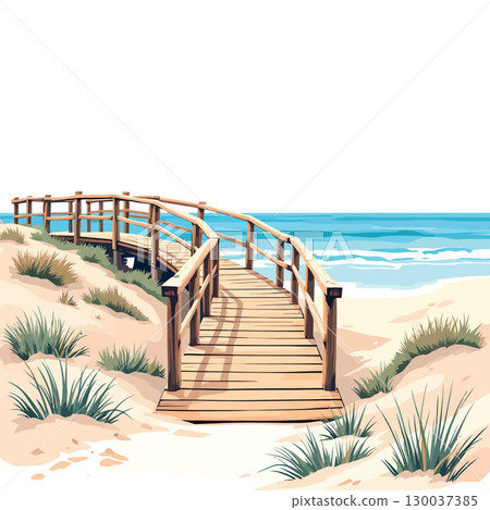 Wooden boardwalk leading to beautiful sandy beach and blue ocean 130037385