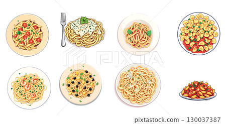 Vsai delicious italian pasta dishes served on plates, overhead view Vsai delicious italian pasta dishes served on plates, overhead view 130037387