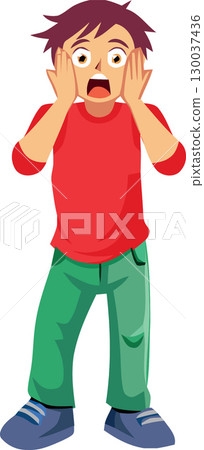 Shocked young man holding face in disbelief and surprise 130037436