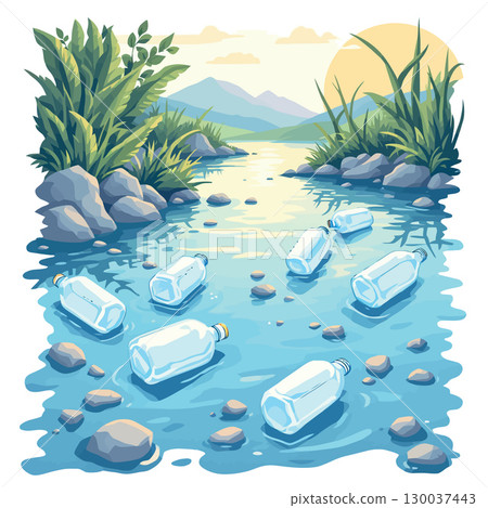 Plastic bottles polluting a clean river in nature 130037443