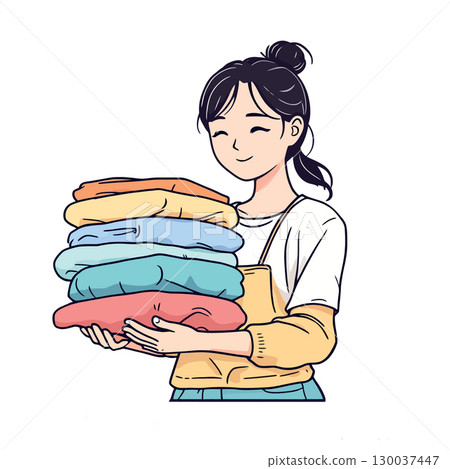 Smiling woman holding stack of folded clothes Smiling woman holding stack of folded clothes 130037447