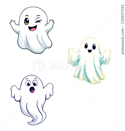 Cute ghost characters waving and winking for halloween party Cute ghost characters waving and winking for halloween party 130037581