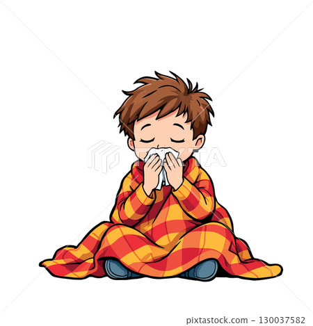 Sick child blowing nose while wrapped in blanket Sick child blowing nose while wrapped in blanket 130037582