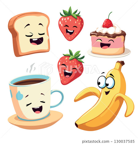 Happy cartoon breakfast food showing smiling faces Happy cartoon breakfast food showing smiling faces 130037585