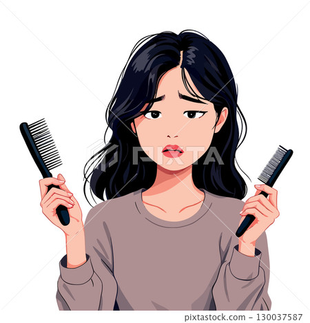 Sad young woman holding two combs and looking at hair loss problem Sad young woman holding two combs and looking at hair loss problem 130037587