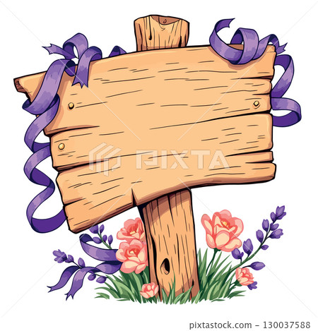 Wooden sign with purple ribbons and flowers showing a blank space 130037588