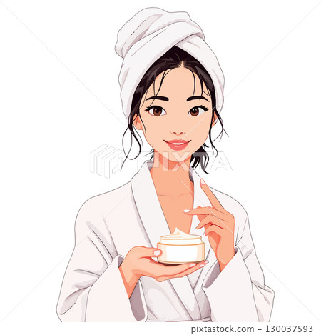 Beautiful woman applying moisturizing cream after shower Beautiful woman applying moisturizing cream after shower 130037593