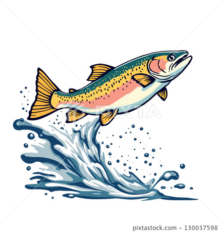 Rainbow trout jumping out of fresh water splashing 130037598