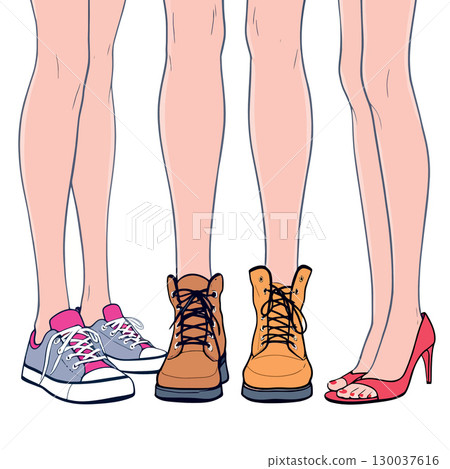 Legs wearing different types of shoes, from sneakers to elegant heels, showing fashion and style diversity 130037616