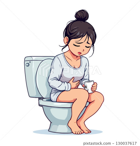 Young woman suffering from stomach ache sitting on toilet Young woman suffering from stomach ache sitting on toilet 130037617