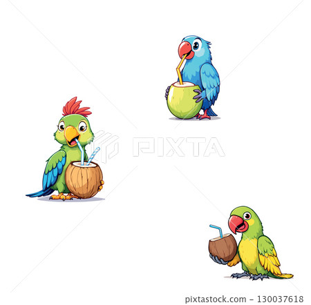 Tropical parrots drinking coconut milk with straw 130037618