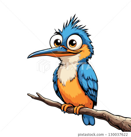 Cartoon kingfisher bird perched on branch with big eyes 130037622